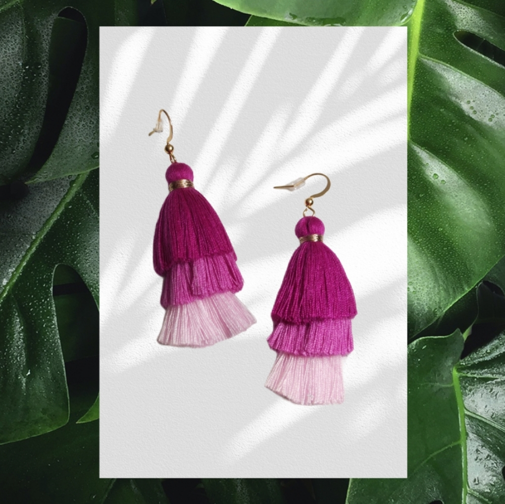 Three-tier tassel purple earrings